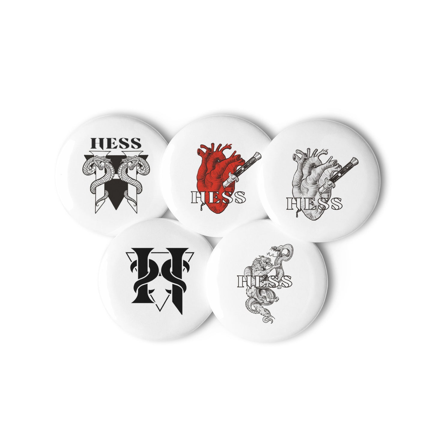 Hess logo Ian Messerli Design Collection Set of pin buttons